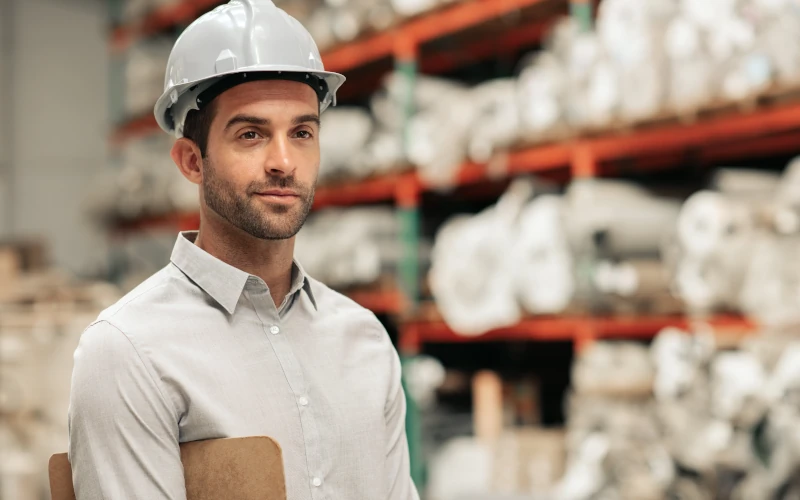 A man in a hard hat standing in a warehouse