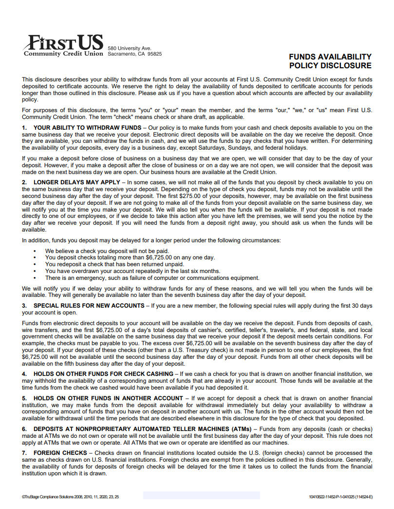 screen shot of funds availablity disclosure pdf file