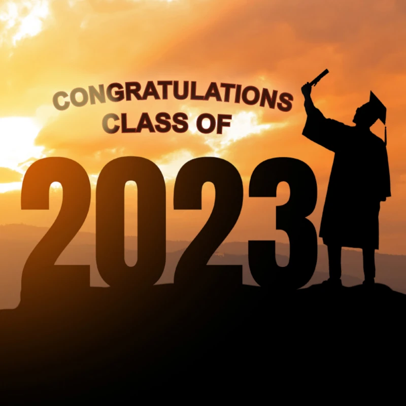 illustration of a sillhouette of a graduate standing next to the number 2023