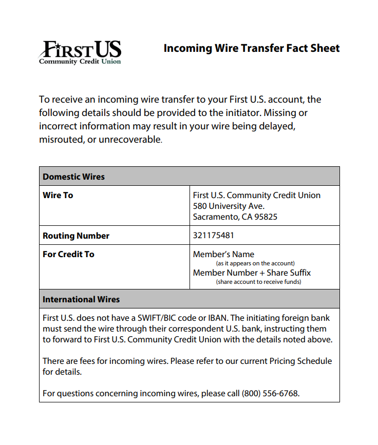 screen shot of Incoming Wire Transfer Fact Sheet pdf file