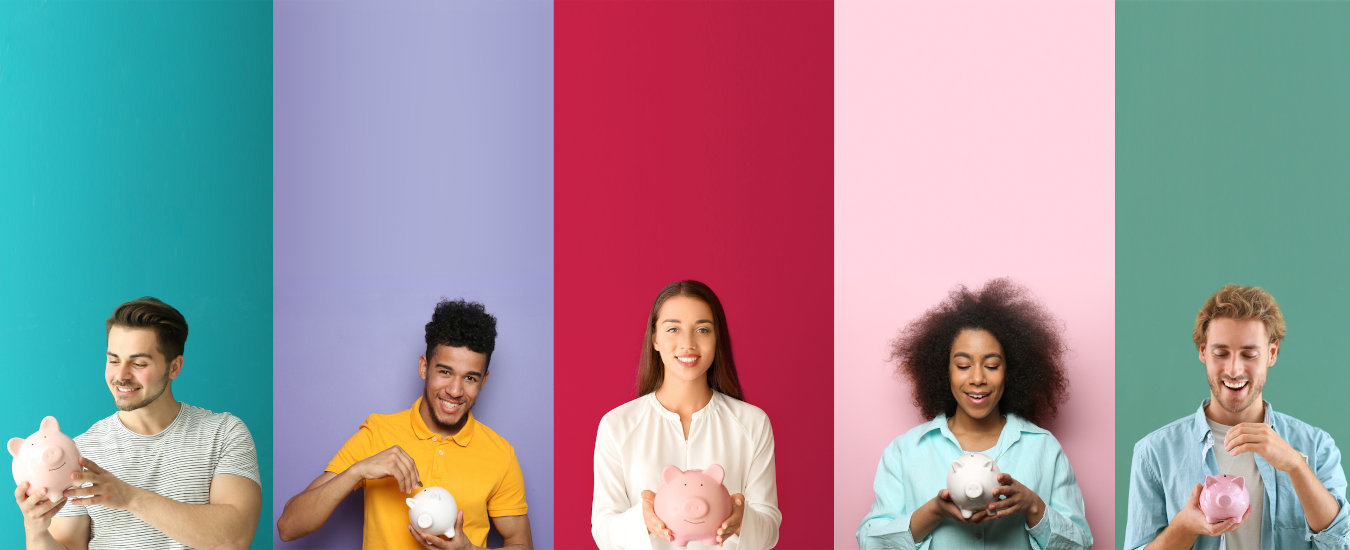 Five young adults, each holding a piggy bank