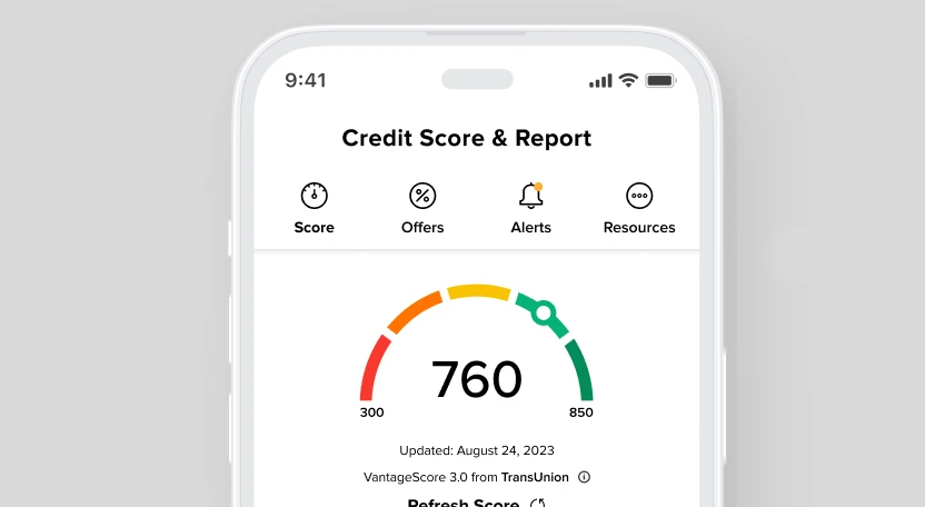 Phone screenshot showing a credit score in the mobile banking app
